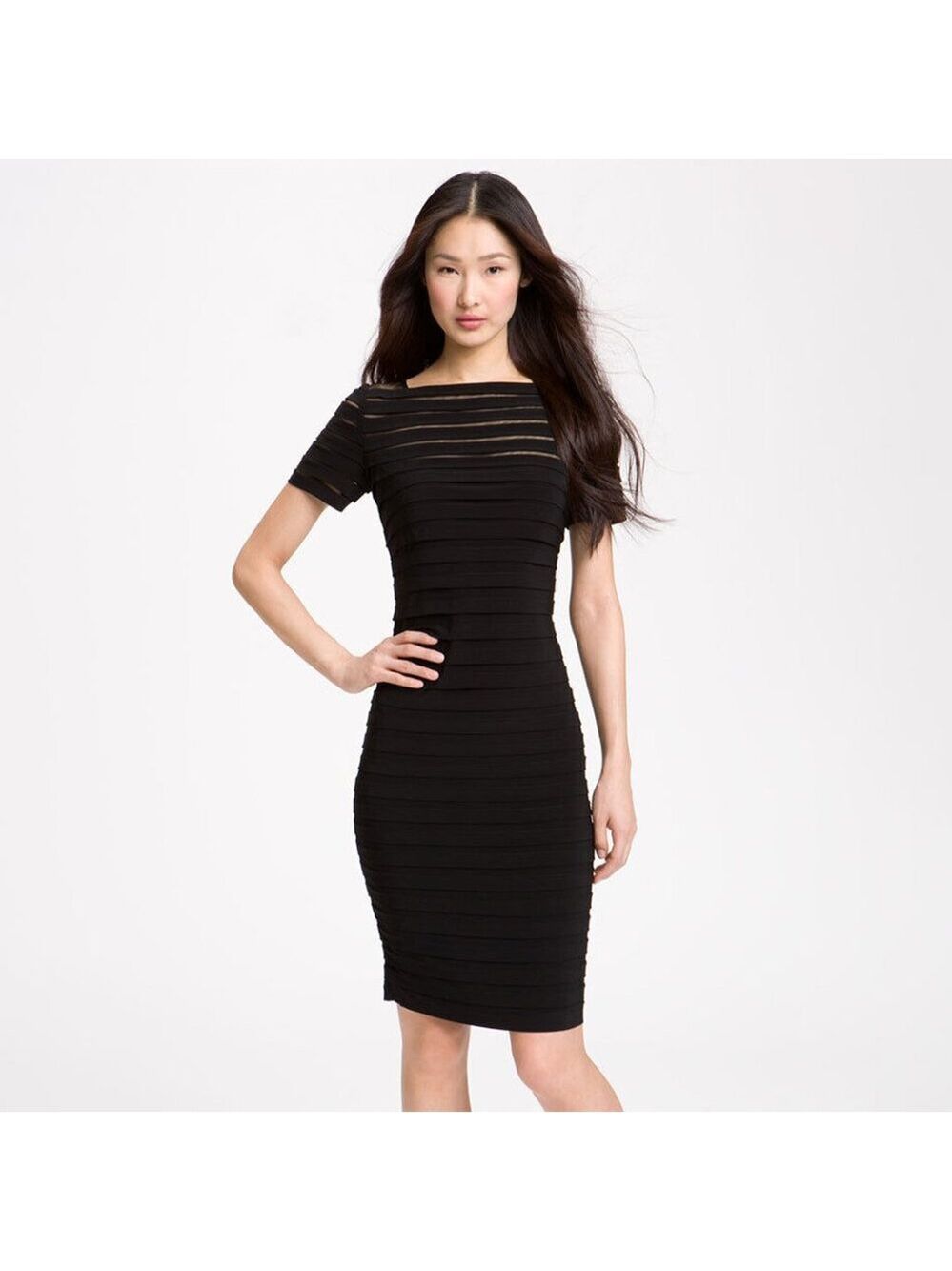 Adrianna Papell Illusion Bodice Pleated Sheath Dress (Size 8)